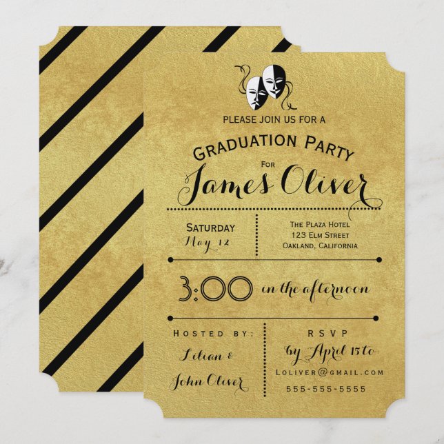 Graduation Invitation Théâtre majeur Or et Noir (Devant / Derrière)