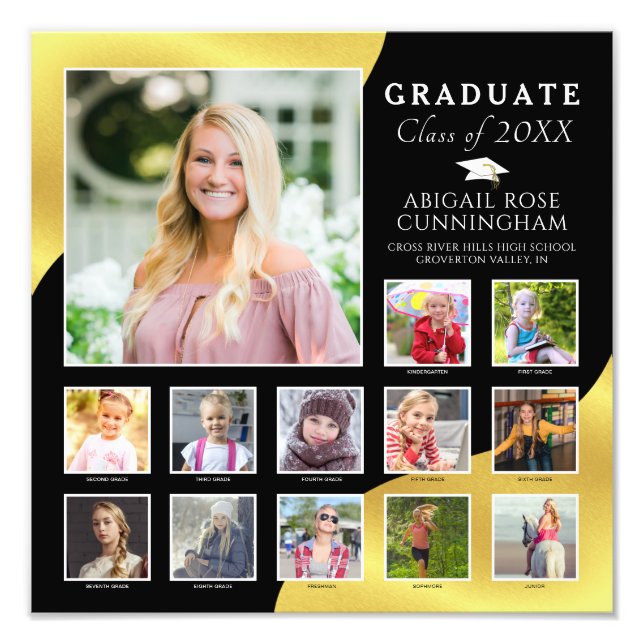 Graduation K-12 Photo Collage Black Metallic Gold (Devant)