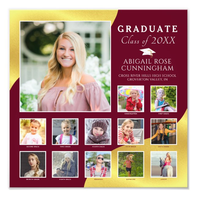 Graduation Maroon K-12 Photo Collage Métallic Gold (Devant)