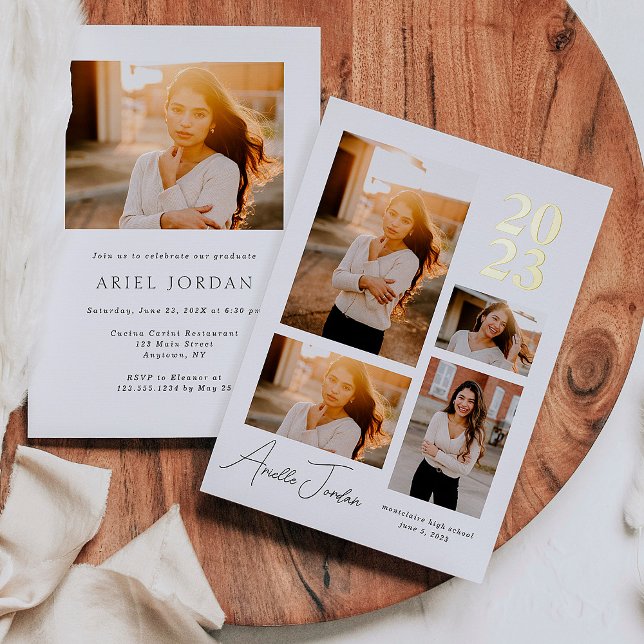Graduation minimaliste Année Foil Invitation (Minimalist Photo Collage Graduation Year Foil Invitation)