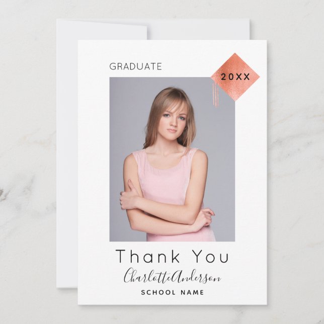 Graduation moderne photo rose or carte de remercie (Devant)