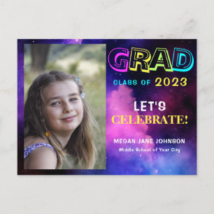 Graduation neon glow middle school grad photo einladungspostkarte