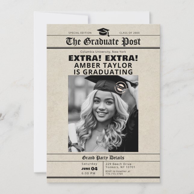 Graduation Newspaper “Extra Extra” B&W Photo Einladung (Vorderseite)