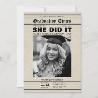 Graduation Newspaper She Did It B&W Photo Einladung