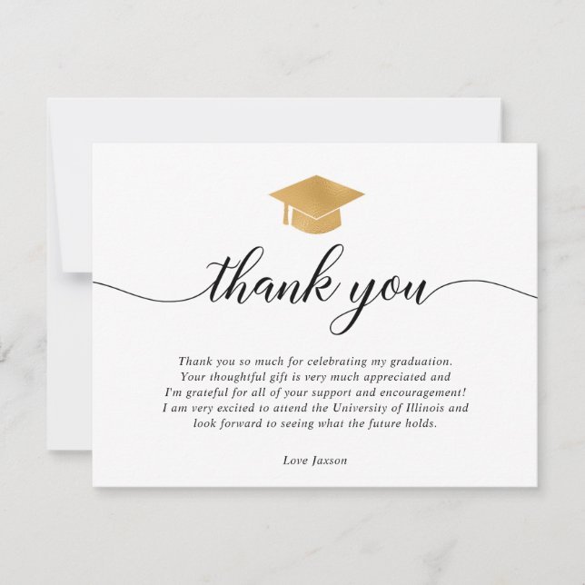 Graduation or blanc noir carte de remerciements (Devant)