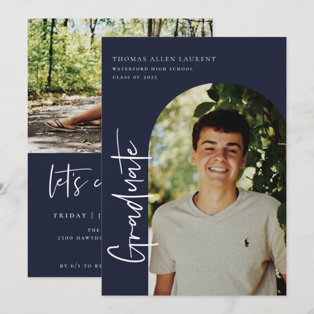 Graduation par script Cadre Arché Photo Invitation (Devant / Derrière)