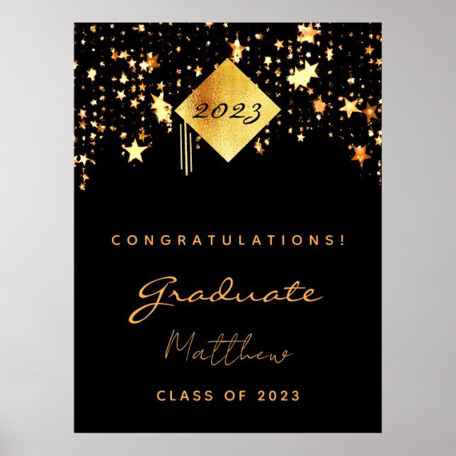 Graduation party 2023 black gold stars graduate poster (Vorne)