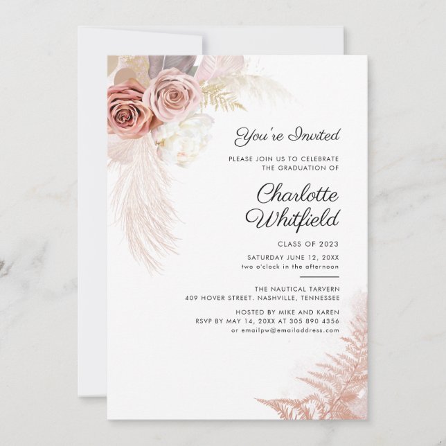 Graduation Party 2024 Script Pampas Grass Floral Einladung (Vorderseite)