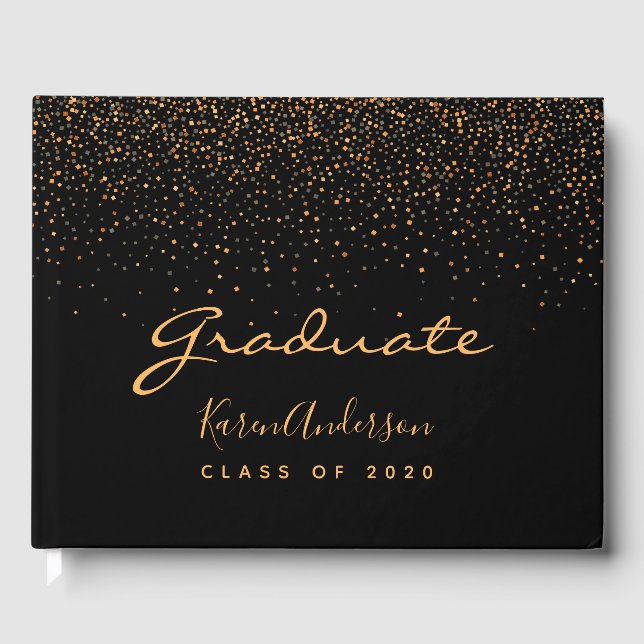 Graduation Party 2025 Graduate Black Gold Konfetti Gästebuch (Vorderseite)