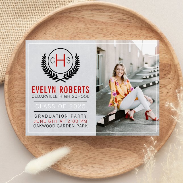 Graduation Party 2025 Monogramm Rot Einladung (Von Creator hochgeladen)