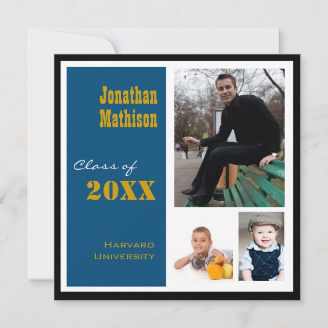 Graduation Party 3 Photo bleu Invitation (Devant)