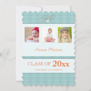 Graduation Party 3 Photos Aqua Stripes Invitation