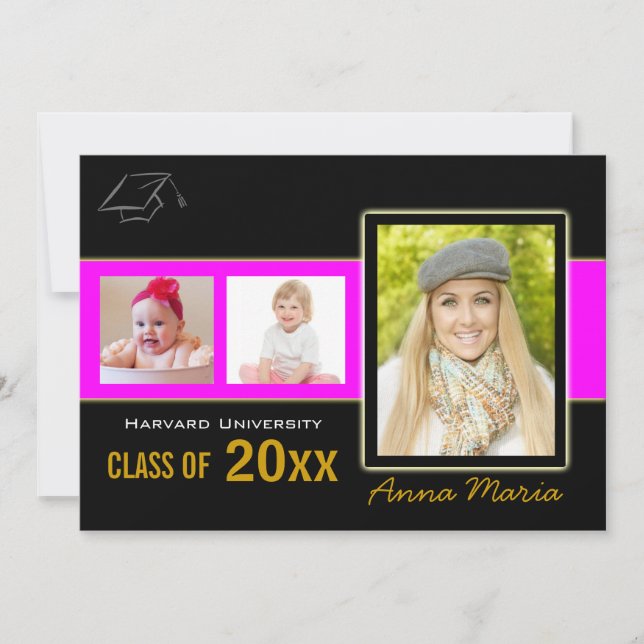 Graduation Party 3 Photos rose Invitation (Devant)