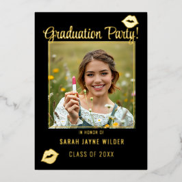 Graduation Party Black and Pink Lipstick Kisses Folieneinladung
