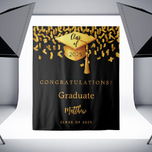Graduation Party Black Gold Cap Absolvent 2025 Wandteppich