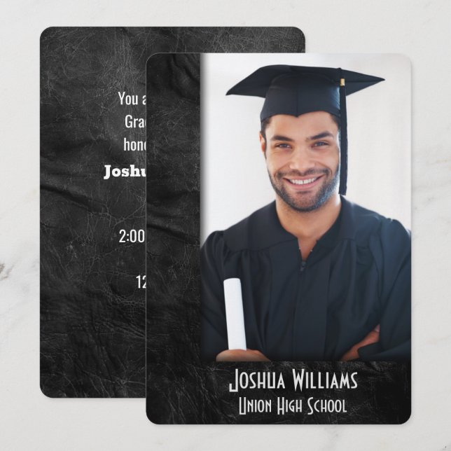 Graduation Party Black Leather Photo Frame Einladung (Vorne/Hinten)