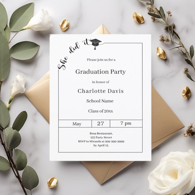 Graduation party black white She did it invitation (Von Creator hochgeladen)
