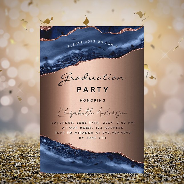 Graduation Party Blue Age Marmor Rose Gold Ankündigungspostkarte (Von Creator hochgeladen)