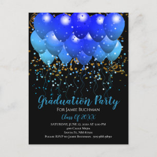 Graduation Party Blue Balloons Gold Confetti Black Einladungspostkarte
