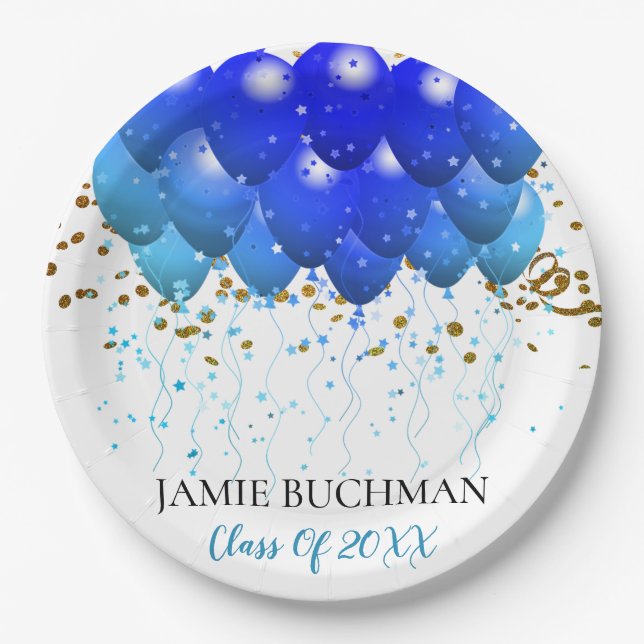 Graduation Party Blue Balloons Gold Confetti White Pappteller (Vorderseite)