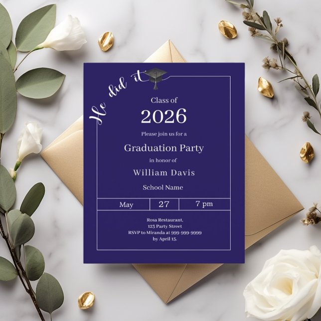 Graduation party blue white He did it invitation (Von Creator hochgeladen)