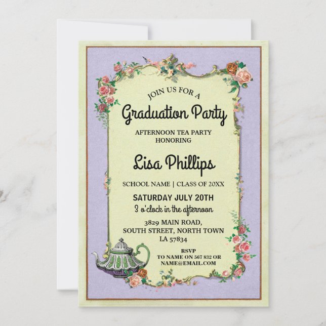 Graduation Party Blume Wonderland Teapot Einladung (Vorderseite)