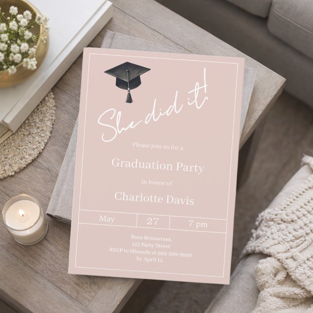 Graduation party blush pink neutral She did it Einladung (Von Creator hochgeladen)