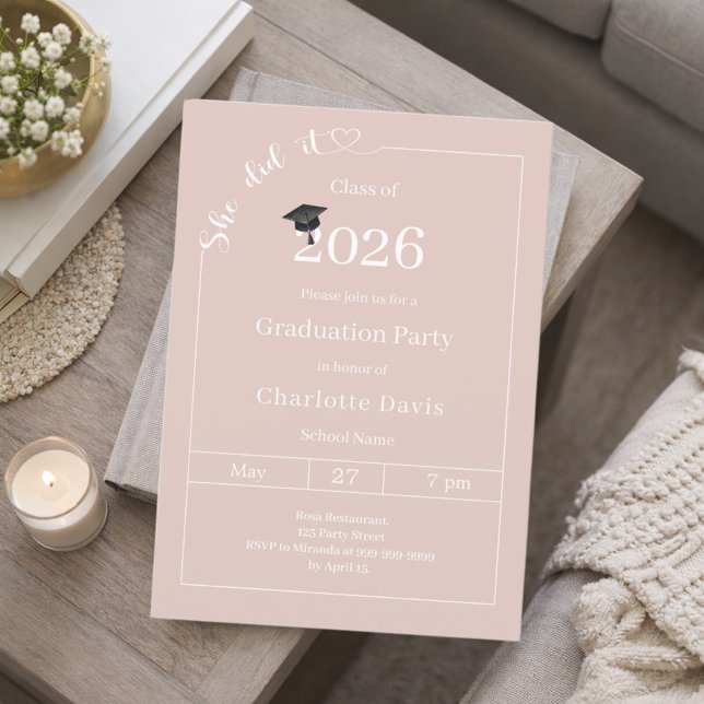 Graduation party blush pink neutral She did it Einladung (Von Creator hochgeladen)
