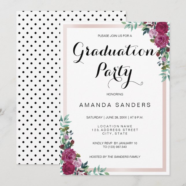 Graduation Party burgundy carte d'invitation flora (Devant / Derrière)