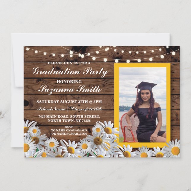 Graduation Party Daisy Wood Invitation photo Grad (Devant)
