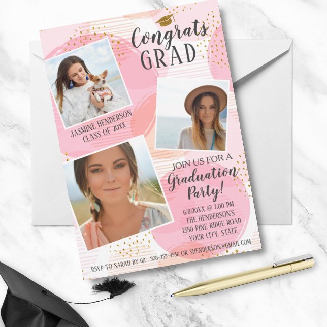 Graduation Party Foto Collage Blush Pink Gold Dot Einladung (Von Creator hochgeladen)