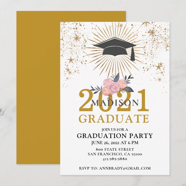 Graduation Party Gold Pink Class of 2021 Einladung (Vorne/Hinten)