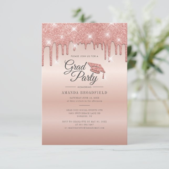 Graduation Party Grad 2022 Rose Gold Glitzer Einladung (Stehend Vorderseite)