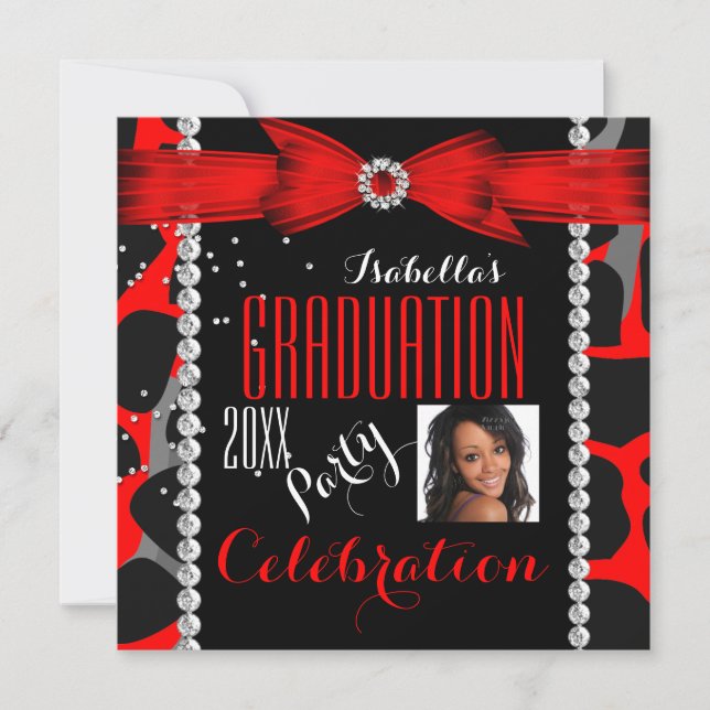 Graduation Party Grad Red Wild Animal Print Foto Einladung (Vorderseite)