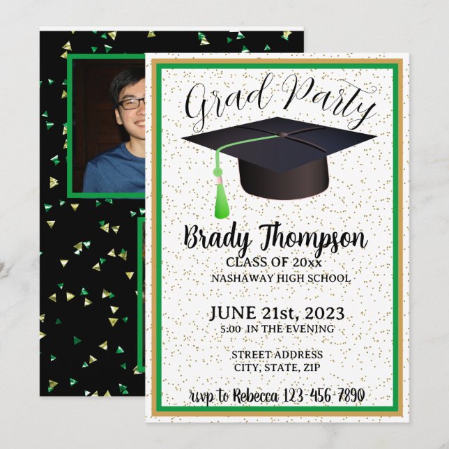 GRADUATION Party-GREEN & GOLD-2 FOTO Einladung (Vorne/Hinten)