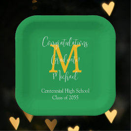 Graduation Party Green Gold White Name Monogram Pappteller