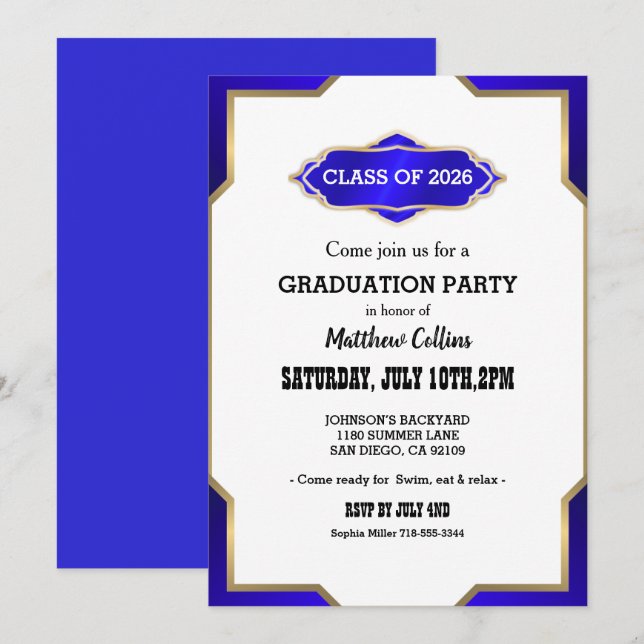 Graduation Party Invitation blue Retro Inspired  Einladung (Vorne/Hinten)
