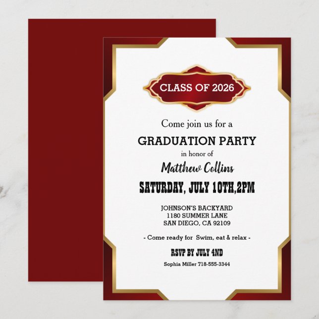 Graduation Party Invitation Red Retro Inspired  (Devant / Derrière)
