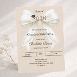 Graduation party ivory bow champagne 2026 einladung<br><div class="desc">Celebrate your achievement with this elegant ivory bow graduation invitation. The design features a large,  sophisticated satin ribbon adorned with delicate pearl strings and a subtle mortarboard icon. A champagne colored background.  It is the perfect choice for high school or college seniors looking for a feminine and chic announcement.</div>