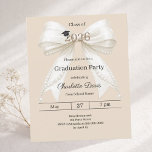 Graduation party ivory bow champagne invitation<br><div class="desc">Celebrate your achievement with this elegant ivory bow graduation invitation. The design features a large, sophisticated satin ribbon adorned with delicate pearl strings and a subtle mortarboard icon. A champagne colored background. It is the perfect choice for high school or college seniors looking for a feminine and chic announcement. 1...</div>