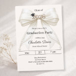 Graduation party ivory bow cream class of 2026 einladung<br><div class="desc">Celebrate your achievement with this elegant ivory bow graduation invitation. The design features a large,  sophisticated satin ribbon adorned with delicate pearl strings and a subtle mortarboard icon. A cream colored background.  It is the perfect choice for high school or college seniors looking for a feminine and chic announcement.</div>