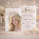 Graduation party ivory bow photo arch 2026 einladung<br><div class="desc">Celebrate your achievement with this elegant ivory bow graduation invitation. The design features a large, sophisticated satin ribbon adorned with delicate pearl strings and a subtle mortarboard icon. It is the perfect choice for high school or college seniors looking for a feminine and chic announcement. Add a photo to the...</div>