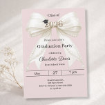 Graduation party ivory bow pink class of 2026 einladung<br><div class="desc">Celebrate your achievement with this elegant ivory bow graduation invitation. The design features a large,  sophisticated satin ribbon adorned with delicate pearl strings and a subtle mortarboard icon. Dusty,  blush pink background.  It is the perfect choice for high school or college seniors looking for a feminine and chic announcement.</div>