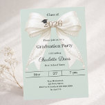 Graduation party ivory bow sage green 2026 einladung<br><div class="desc">Celebrate your achievement with this elegant ivory bow graduation invitation. The design features a large, sophisticated satin ribbon adorned with delicate pearl strings and a subtle mortarboard icon. A sage green colored background. It is the perfect choice for high school or college seniors looking for a feminine and chic announcement....</div>