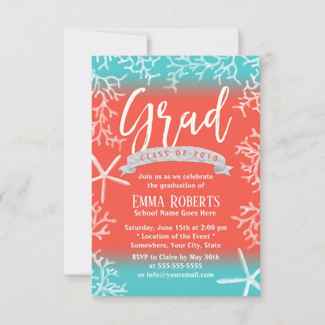 Graduation Party Modernes Beach Coral Reef Starfis Einladung (Vorderseite)