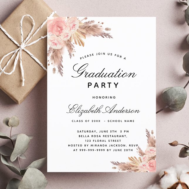 Graduation Party Pampas Gras Rose Goldrot 2023 Einladung (Von Creator hochgeladen)