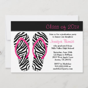 Graduation Party Pink Black Zebra Flip Flops 2013 Einladung