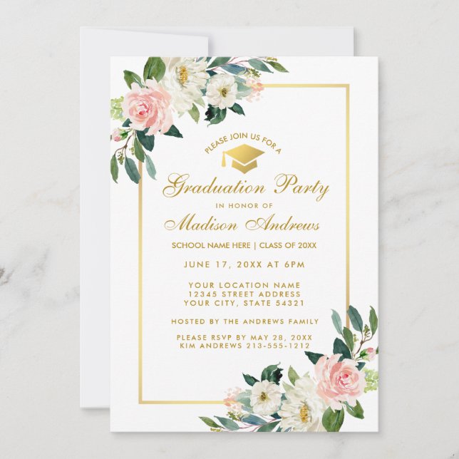 Graduation Party Pink Floral Gold Invitation (Devant)
