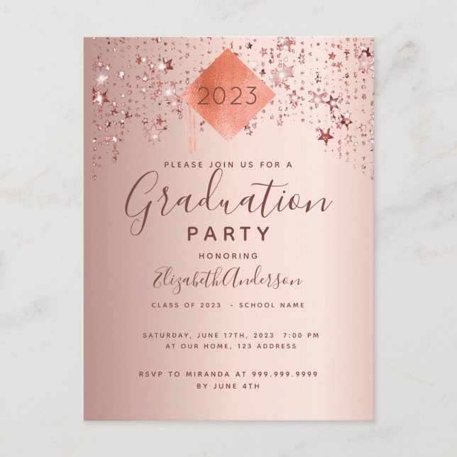 Graduation Party Rose Gold Topper Stars 2025 Postkarte (Vorderseite)
