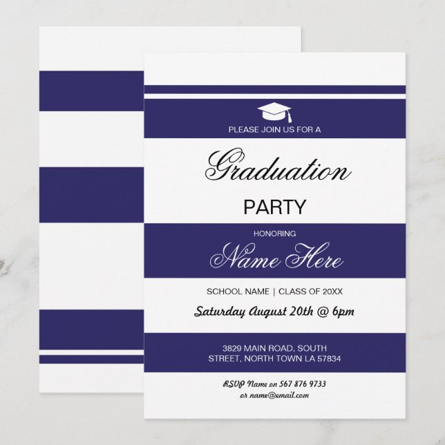 Graduation Party Stripe Marine White Invitation Gr (Devant / Derrière)